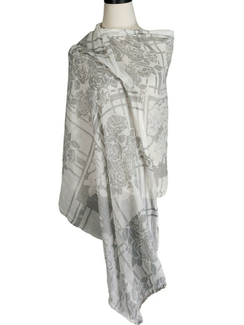 CAbi Floral Graph Sheer Tissue Cotton Shawl Scarf Gray White 80" #782 Coastal